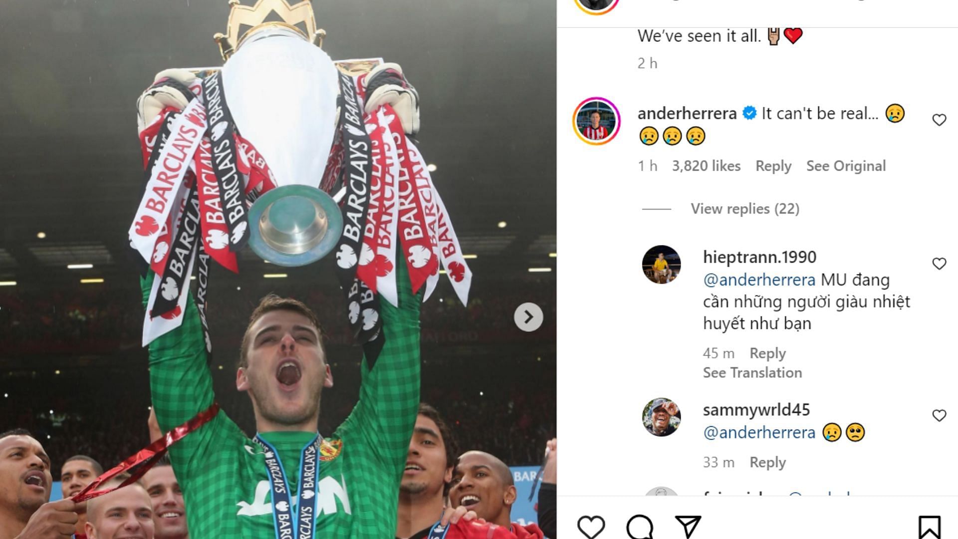 Ander Herrera's comment on De Gea's post